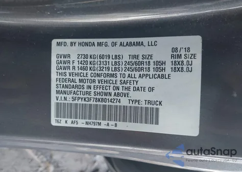 2019 Honda Ridgeline Rtl-E from USA, damaged, VIN 5FPYK3F78KB014274